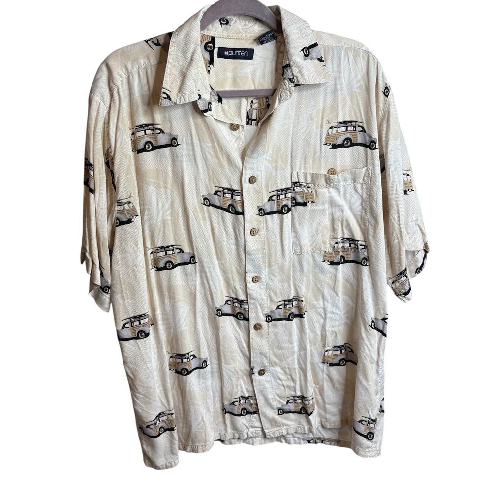 Vintage Puritan Men's Cars Print Hawaiian Button-Up Shirt Size L Retro 50's Vibe